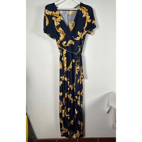 Gilli Women Navy Gold Baroque Print Short Sleeve Wrap Maxi Dress Small Tie-Waist - Picture 1 of 9